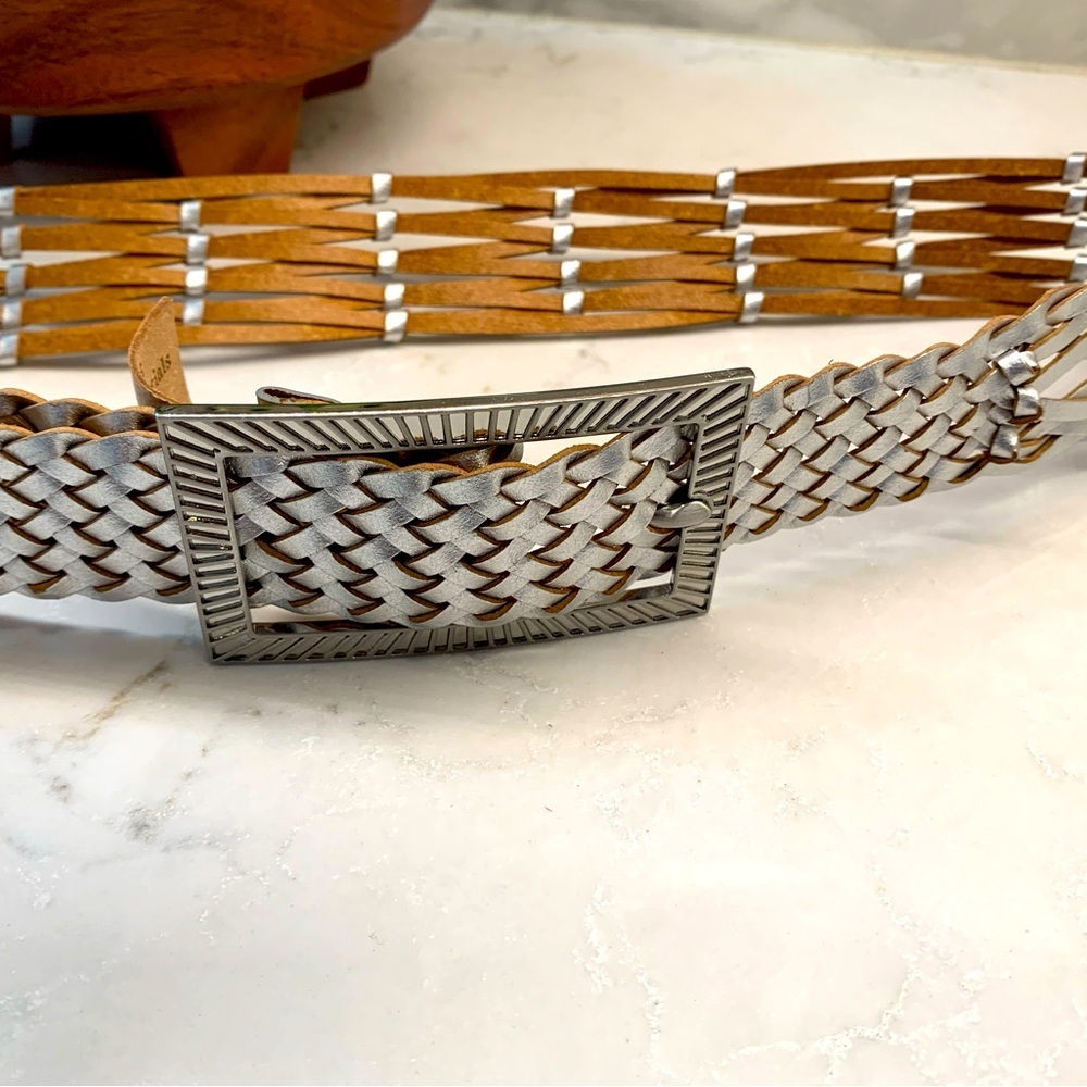 NWOT Chico’s Stylish Silver Leather Woven Belt Size M 8 10​ - Picture 3 of 4